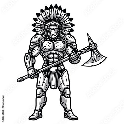 Full body mascot of a male robotic Indian warrior, muscular humanoid body in steel-like cyber armor, wearing a mechanical Indian feather headdress, holding a futuristic spear