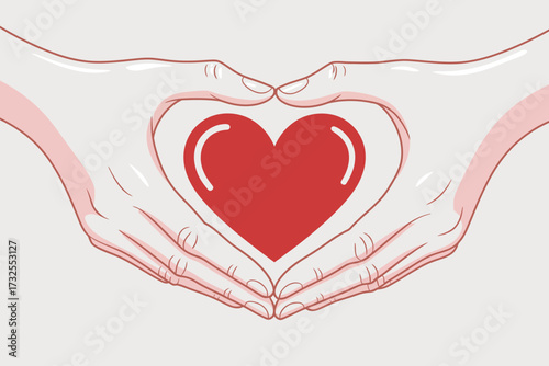 Delicate hands embracing a bright red heart, illustrating warmth and care, with a smooth outline enhancing the beauty of this timeless representation of love.