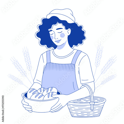 A cheerful woman stands holding a basket filled with delicious pastries and freshly baked bread, evoking feelings of joy and warmth associated with home-cooked meals.