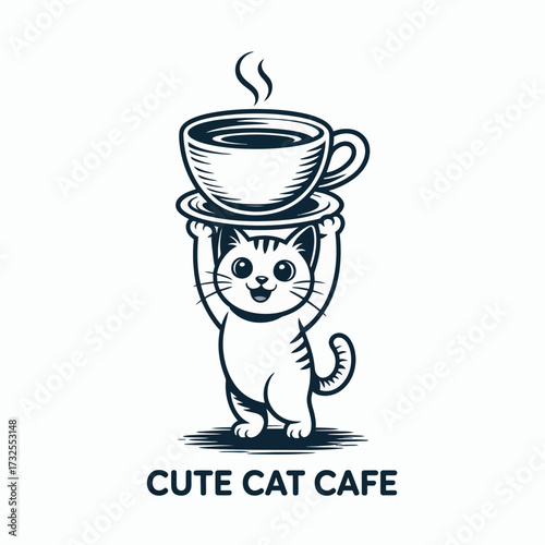 This joyful illustration of a cat holding a coffee cup embodies the charm of cat cafes, showcasing a happy feline ready to serve up smiles with every coffee brewed.