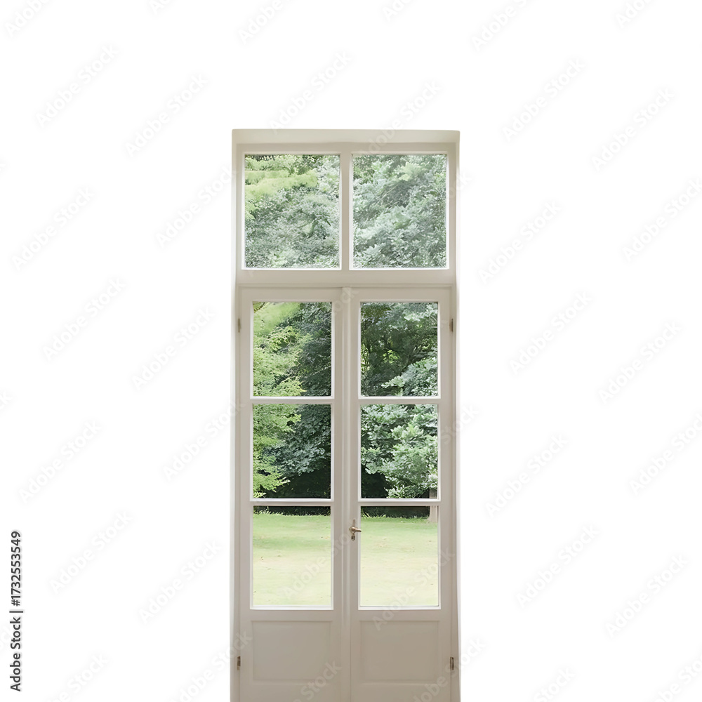 Fototapeta premium White framed window with six panes showing green trees and grass outside on a sunny day view from inside Transparent background