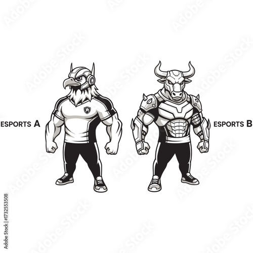 Two humanoid mascots standing together heavy futuristic armor  muscular humanoid bodies