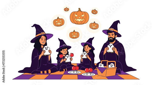 Halloween picnic: A family of four, dressed in charming witch attire, enjoys a Halloween picnic with jack-o'-lanterns and treats, set against a vibrant, stylized backdrop. 
