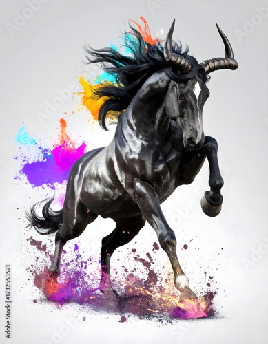 Majestic Black Horse with Colorful Splash Background Artwork