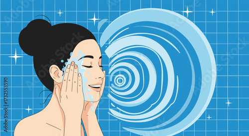 A woman gently washes her face with water, enjoying a refreshing skincare routine.