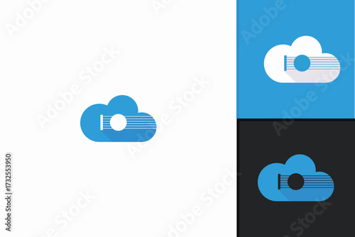 Abstract cloud guitar logo, digital music symbol, modern audio concept, creative sound illustration, online storage design, innovative technology emblem, artistic harmony.
