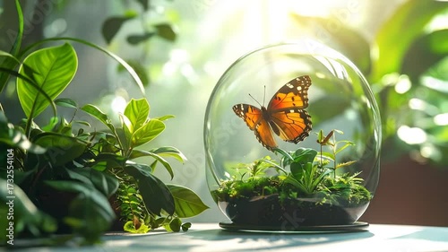 A Vivid Butterfly within a Glass Globe Surrounded by Lush Greenery