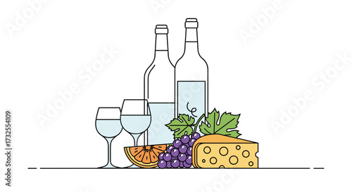 Still life of wine bottles with glasses grapes cheese and fruit.