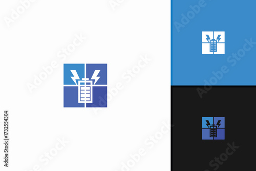 Electric battery logo vector with thunder bolt symbol, modern flat energy icon in blue gradient style, power charging technology emblem for branding