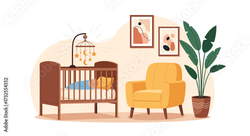 A cozy nursery room setup with a crib a comfortable armchair and a tall potted plant.