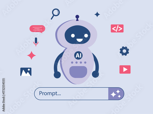 AI created generate art, text, video, and audio with prompt. AI, Artificial intelligence robot on generate bar.