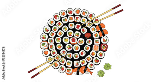 A delightful arrangement of fresh sushi rolls creatively presented in a circular pattern with chopsticks and wasabi on a white background.