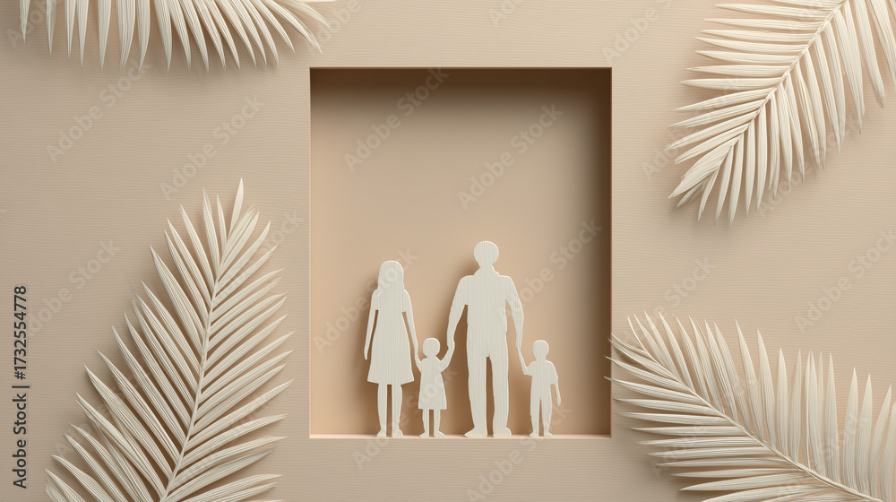 Fototapeta premium Palms framing a paper cutout of family figures on soft neutral tones, symbolizing unity, family protection, and mental health support.