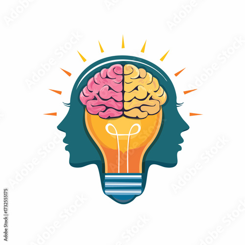 Creative Mind Concept: Lightbulb with Human Brain and Double Face Silhouette