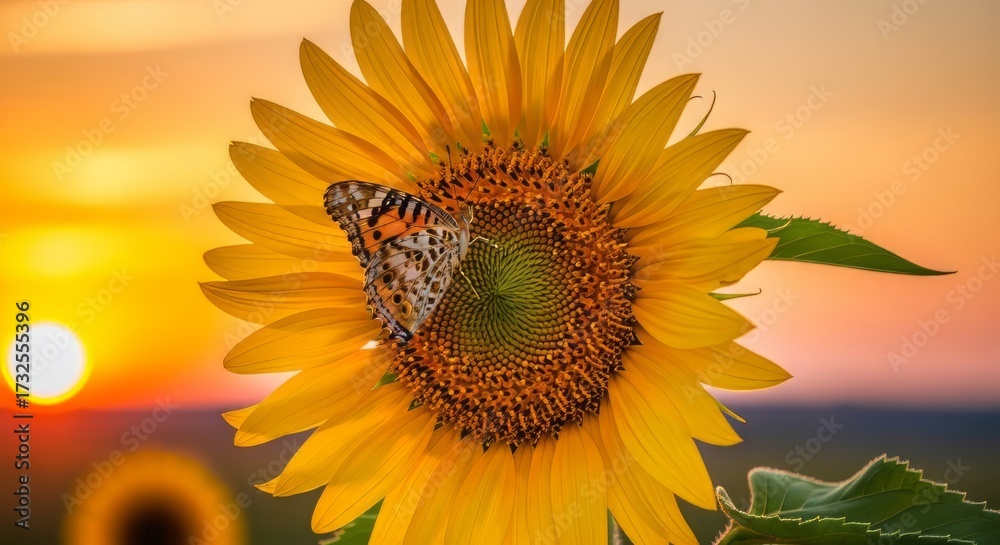 Obraz premium Sunset Serenity with Sunflower and Butterfly