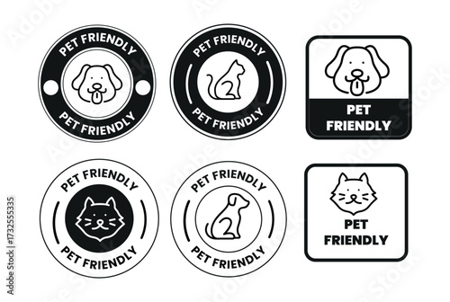 Pet Friendly Label Set. Pet Friendly logo, badge, icon, symbol, sign, stamp, seal, sticker, tag, vector illustration. Pet Friendly label for packaging, hotel, shop, restaurant, cafe, product branding.