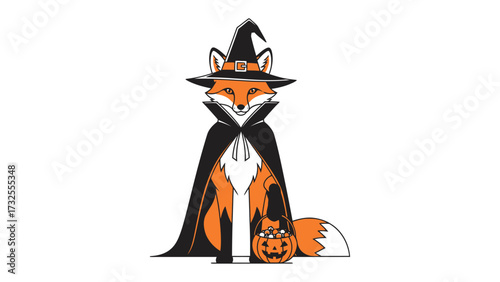 Halloween Fox: An illustrated fox dressed for Halloween, donning a witch's hat and cape while holding a pumpkin. A whimsical depiction for the spooky season.