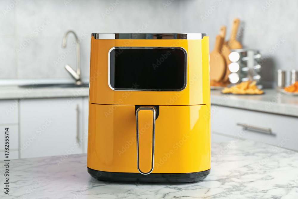 Fototapeta premium Modern yellow air fryer on white marble table in kitchen