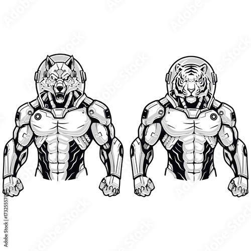Two humanoid mascots standing together heavy futuristic armor  muscular humanoid bodies
