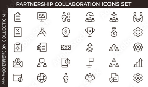 Partnership collaboration professional line icon set. Modern outline vector pack with minimal, creative teamwork and group unity business symbols. Vector illustration. editable stroke