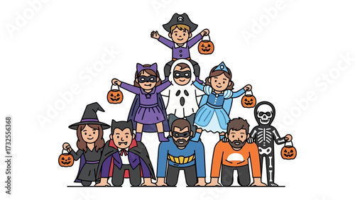 Halloween Costume Pyramid: A whimsical and creative illustration depicts children of various ages joyfully participating in a Halloween-themed costume pyramid. This fun image represents teamwork.