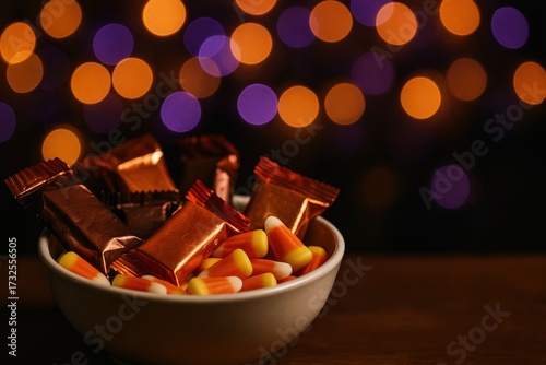 Halloween candy bowl filled with chocolate bars and candy corn against bokeh lights