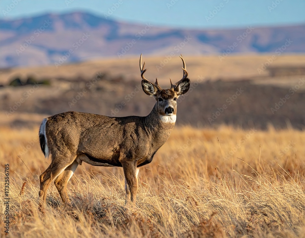 Obraz premium Buck Deer in Autumnal Field with Mountain Background