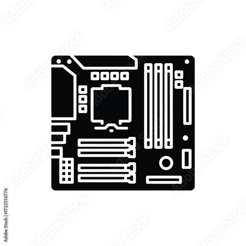 Black and white icon of a computer motherboard circuit board