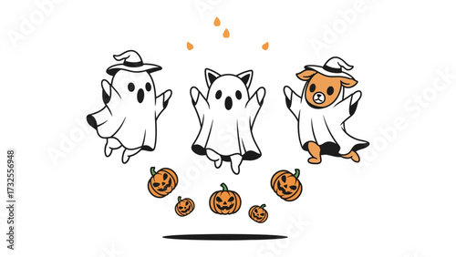 Halloween Gathering: A delightful gathering of playful characters in Halloween attire, including a ghost, cat, and pig, all set amongst a backdrop of carved pumpkins and festive decorations.