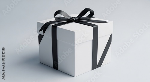 A white gift box with black ribbon and bow on a light gray background