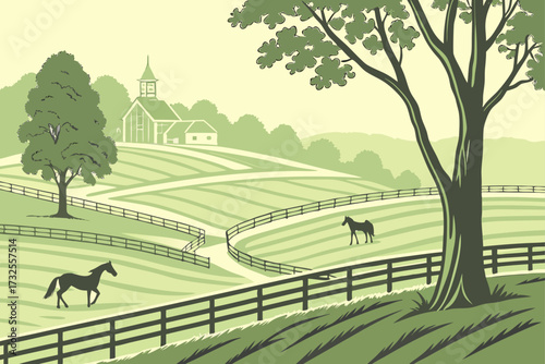 Keeneland Racecourse Fields in Kentucky, green fields with thoroughbreds grazing in morning mist