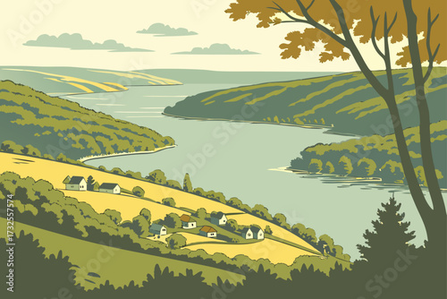 Keuka Lake in Finger Lakes, New York, Y-shaped lake surrounded by charming small towns and green hillsides