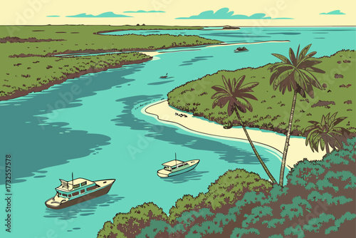 Key Largo in Florida, turquoise waters, coral reefs, and diving boats near mangroves