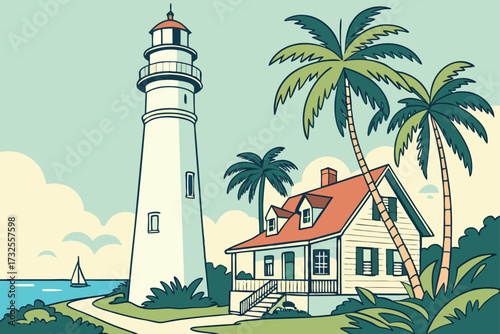 Key West Old Town in Florida, pastel conch houses with wraparound porches and swaying palms under bright skies