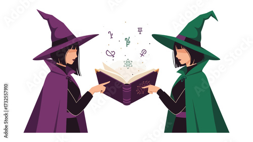 Mystical Book and Witches: Two witches, adorned in pointed hats and capes, share a mystical book, with magical symbols and spells emanating from its pages.