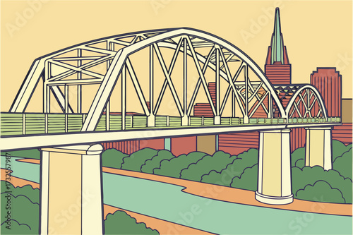 John Seigenthaler Pedestrian Bridge in Nashville, Tennessee, long white truss with sweeping city backdrop