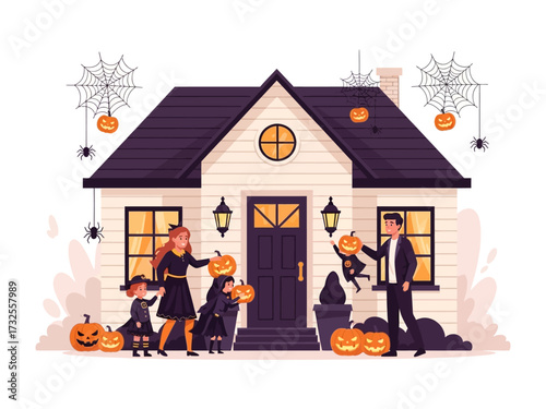 Spooky House: A family embraces the Halloween spirit with pumpkin decorations and spider webs against a quaint house facade. A celebration of autumn's spooky joy. 