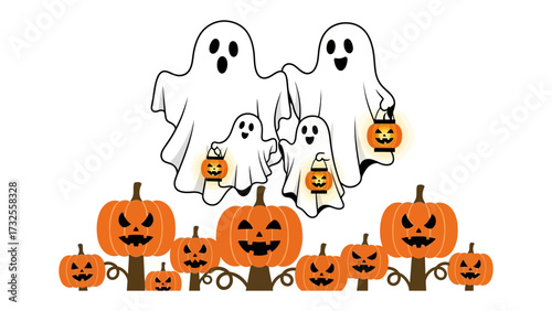 Haunted Gathering: A cartoon illustration of a ghostly family, holding lit jack-o'-lanterns, above a vibrant patch of Halloween pumpkins ready for All Hallows' Eve. 
