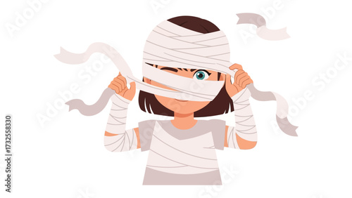 Mummy Fun: A cartoon illustration of a playful young girl wrapped in bandages, engaging in some imaginative Halloween cosplay.