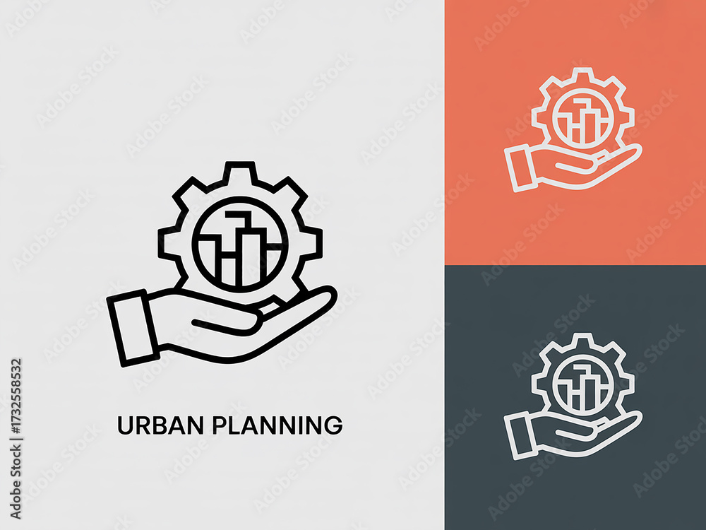 Fototapeta premium Hand holding gear with city buildings urban planning concept icon