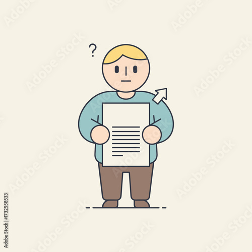 Confused man holding a document with question mark expression Looking for a job