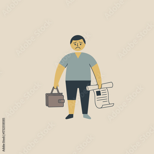 Frustrated man holding a briefcase and paperwork on beige background  