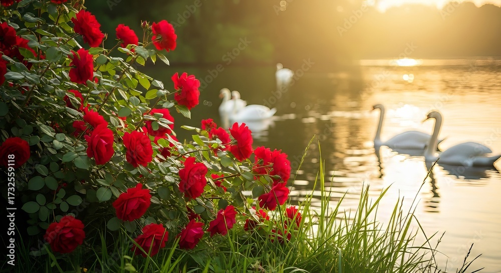 Fototapeta premium Beautiful Evening Light Over Lake with Swans and Flowers
