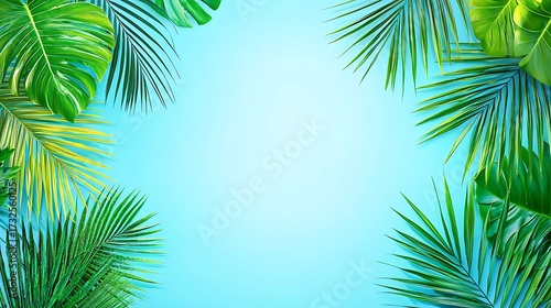 Overhead shot of leafy tropical plant elements arranged flat on clean white backdrop