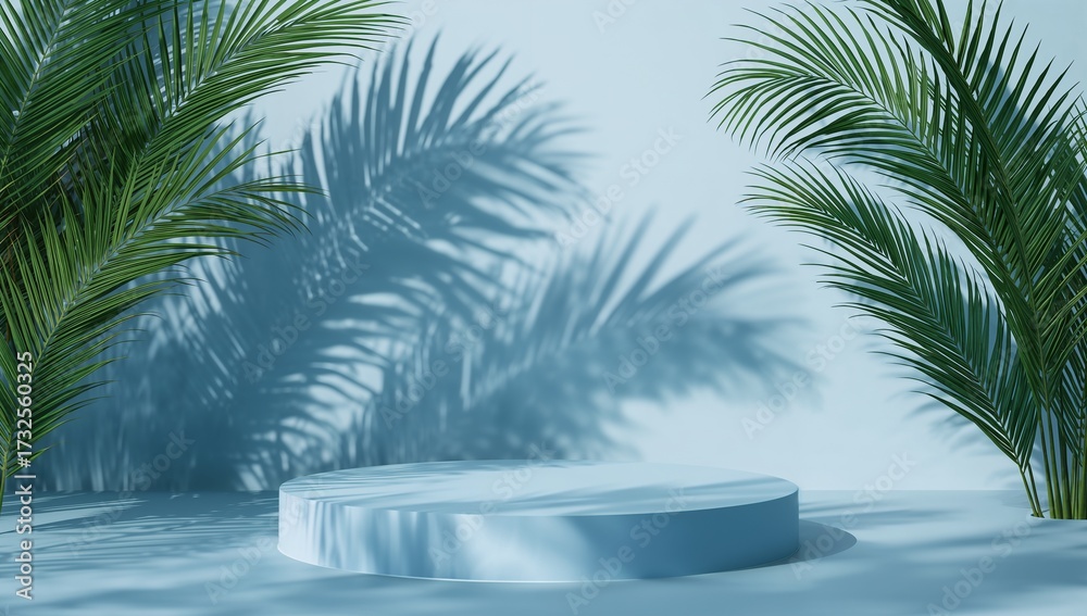 Fototapeta premium Light-blue round podium, presented amongst lush palm shadows, creates a serene and inviting atmosphere.