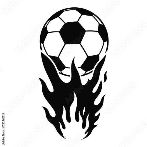 Fiery soccer ball graphic dynamic sports design with intense flames and athletic energy silhouette