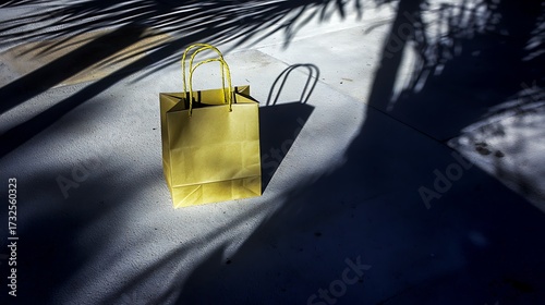 Single shopping paper bag isolated on neutral plain background, simple natural light detail