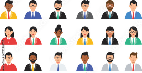 Business team avatars set, professional office people, corporate characters, employee profile icons, diverse workforce portraits vector illustration