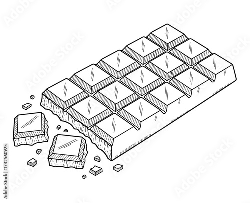 Broken chocolate bar in line art style in black and white