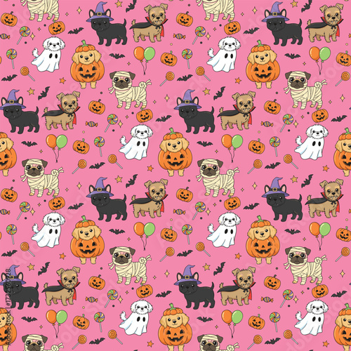 Happy halloween party seamless pattern background with adorable puppy dog wearing halloween costume, glowing pumpkin and friendly bat. Holidays cartoon character. -Vector